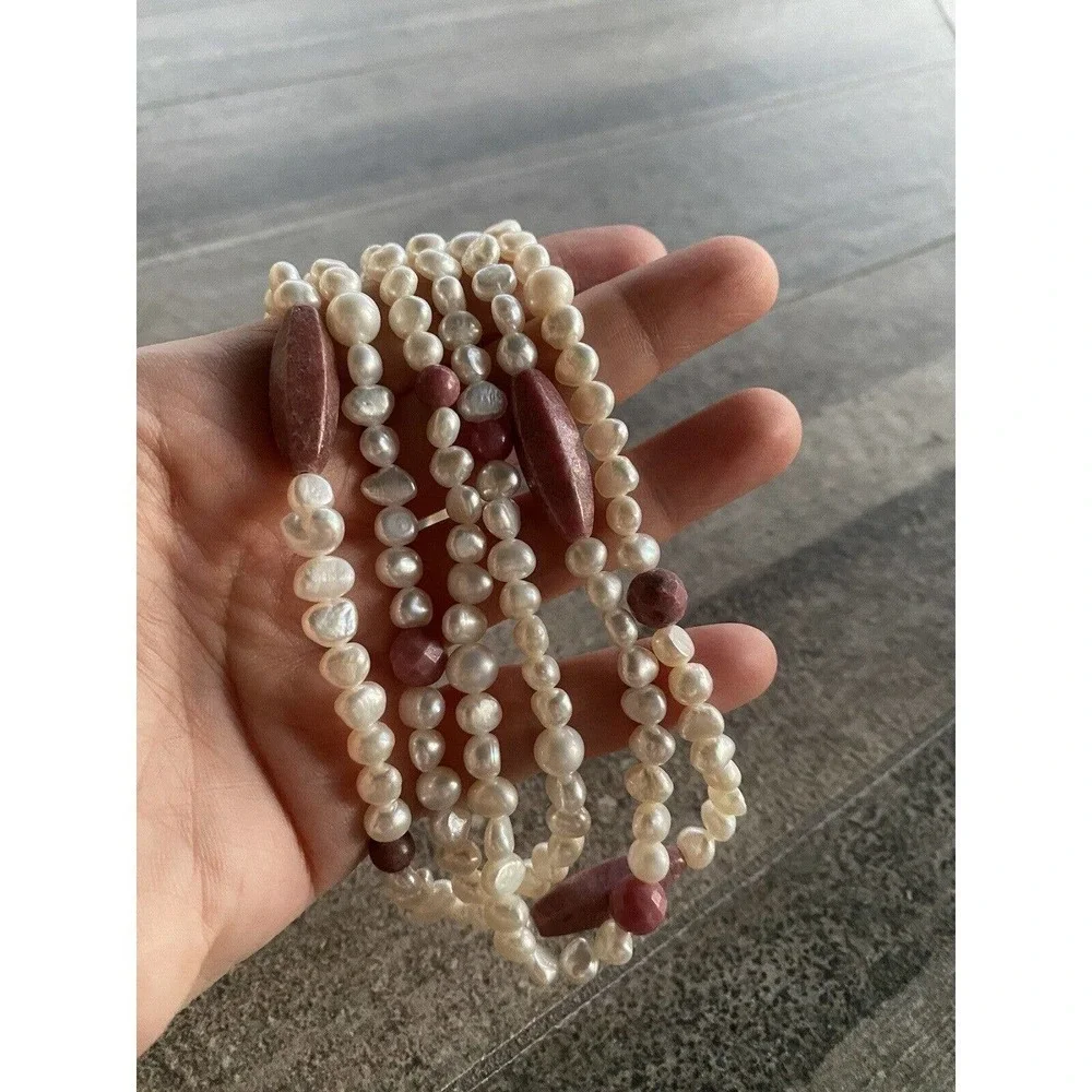 Necklace Pearls Rhodonite Three Strands 17”+3” 925 Findings Artisan